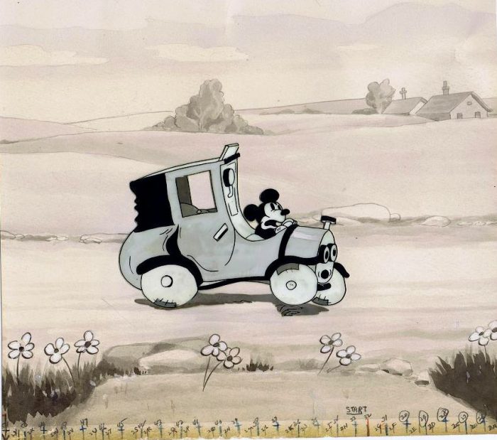 This is the actual production cel of Mickey Mouse in “Traffic Troubles”, which was released on March 7, 1931. The background is an actual production background of another Mickey Mouse cartoon called “The Picnic” and was released on November 14, 1930.